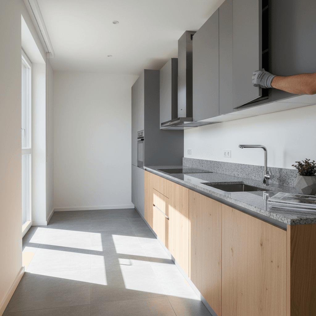 Modern designer kitchen installation with granite counters