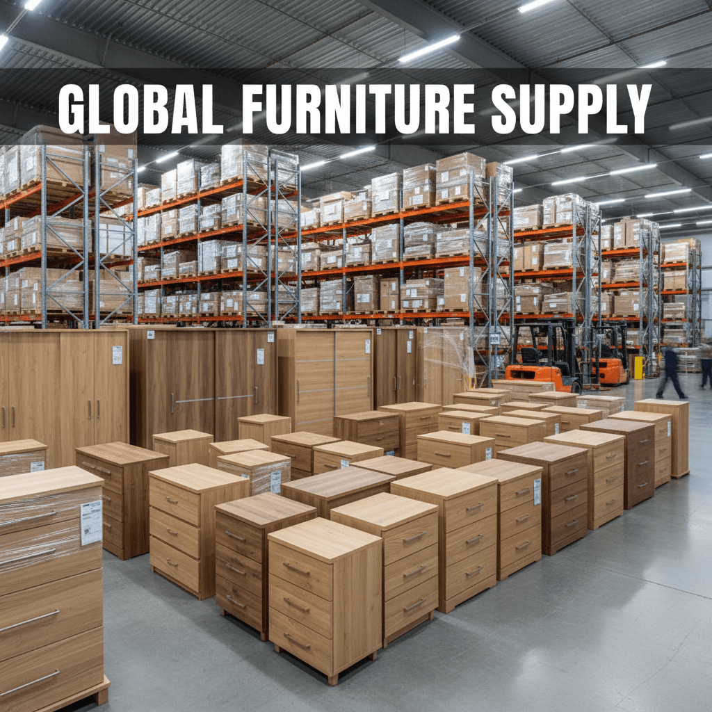 Wooden chests of drawers and wardrobes in a warehouse with high industrial shelving and forklifts.