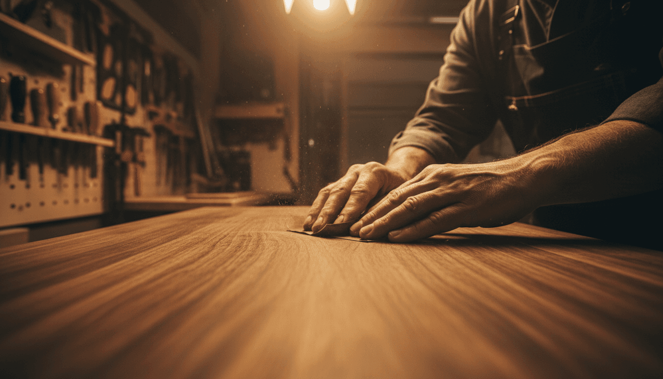 Master carpenter's hands finishing a wooden surface with fine sandpaper in warm workshop light