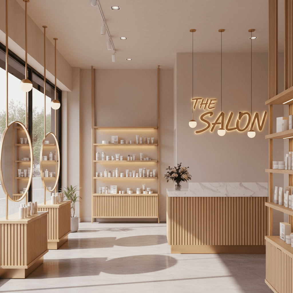 Completed retail salon interior with custom wooden shelving and reception area