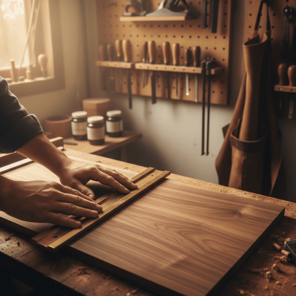 Master carpenter measuring and marking premium wood with precision tools