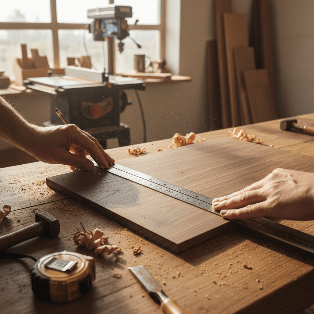 Master carpenter Khulekani measuring wood with precision tools