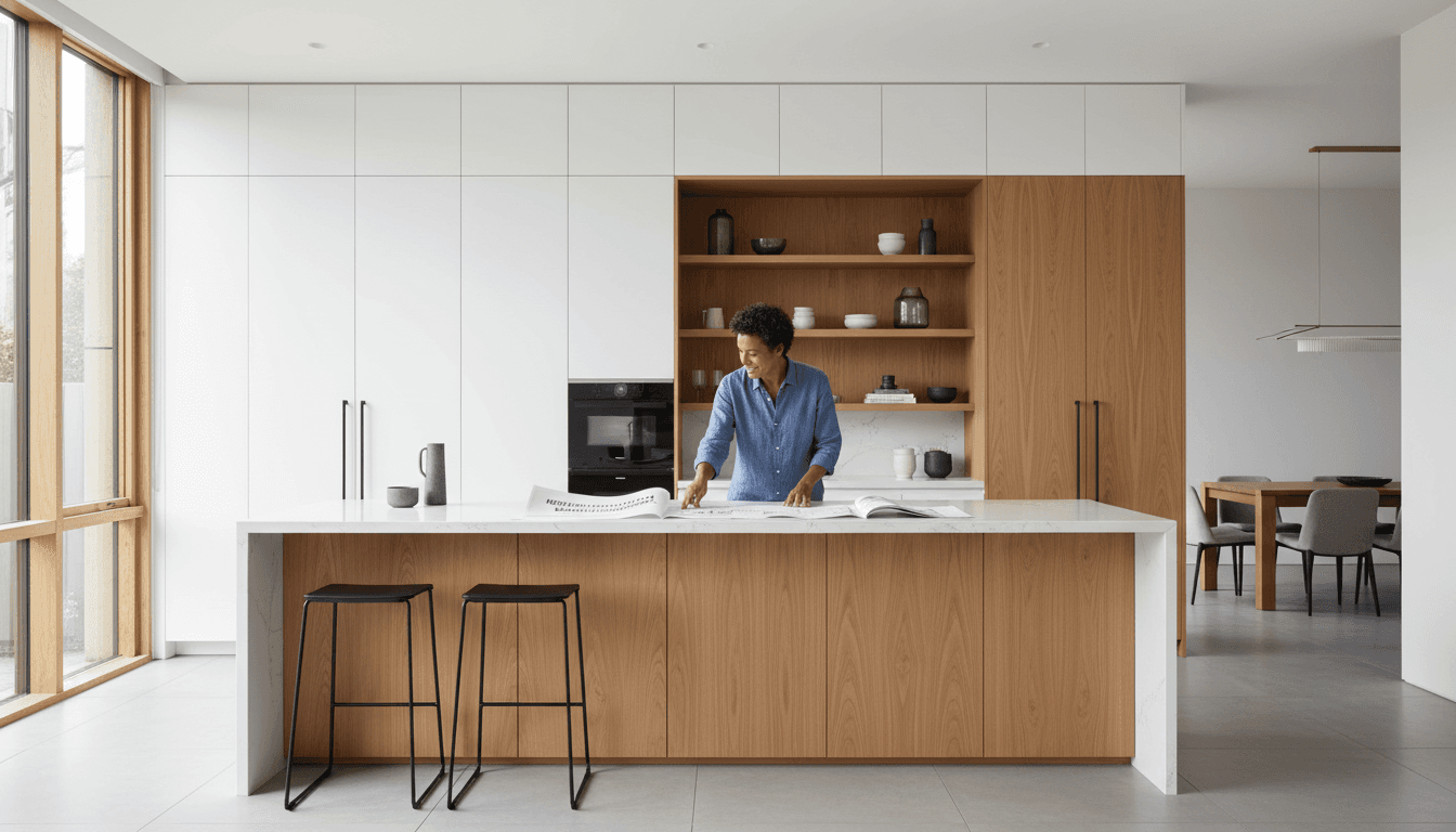 Modern custom kitchen with floor-to-ceiling cabinetry, white lacquer finishes, oak accents, homeowner reviewing plans at island with natural lighting