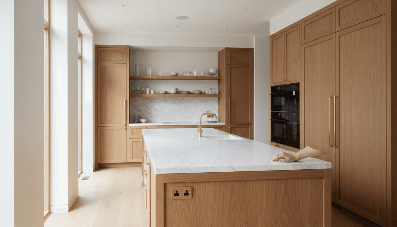 Modern kitchen with light oak cabinetry, white marble countertops, and a large central island.