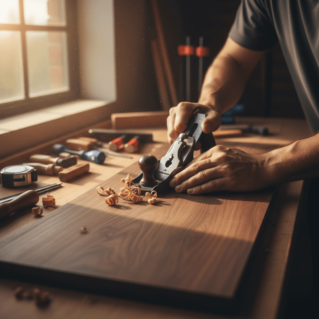 Master carpenter measuring premium timber with precision tools