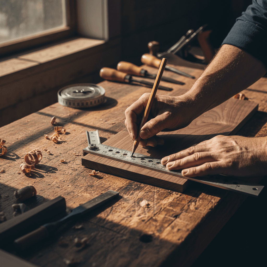 Master carpenter measuring and marking wood with precision tools in a professional workshop
