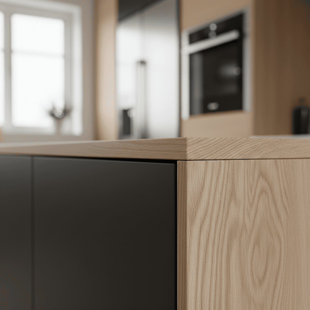 Overhead shot of carpenter installing designer kitchen cabinetry