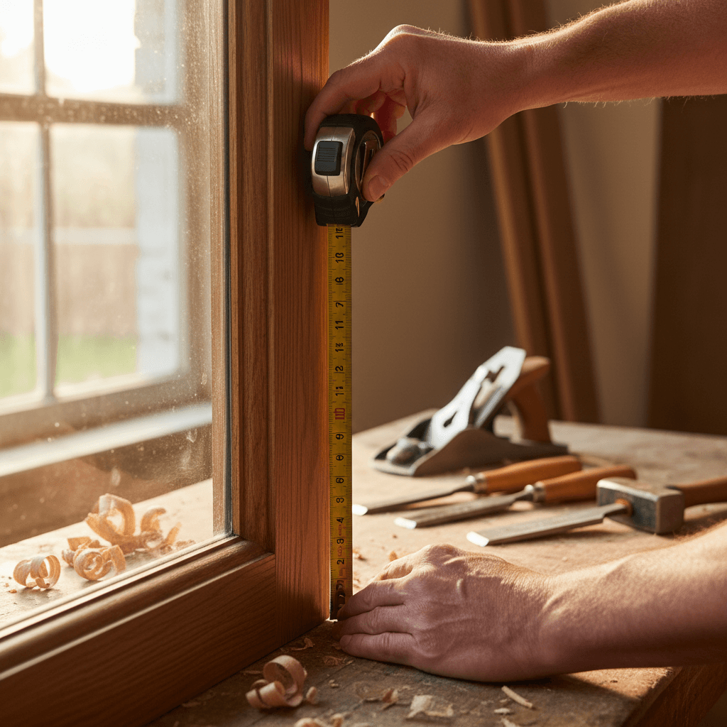Master carpenter measuring and marking wood for custom wardrobe