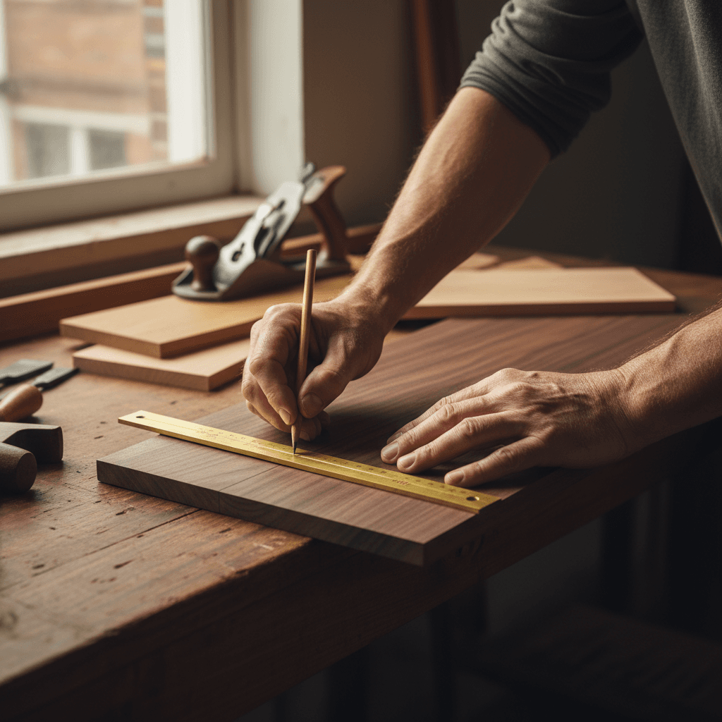 Master carpenter measuring and marking wood for custom wardrobe construction