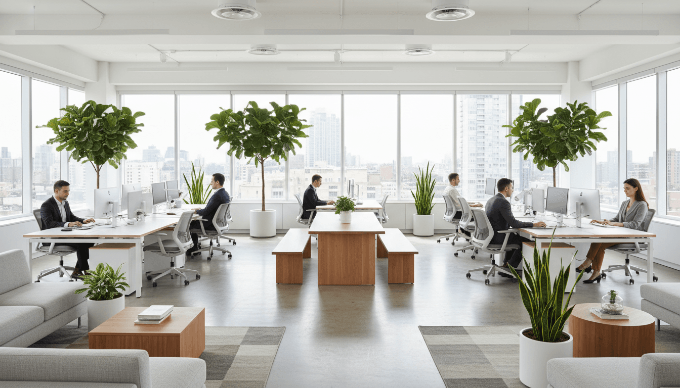 Custom office furniture installation with built-in desks and workspace organization