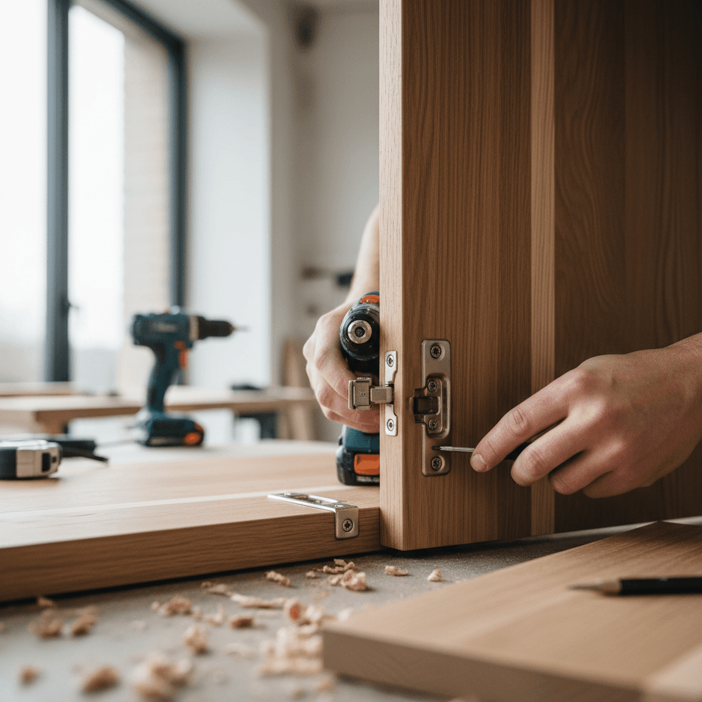 Carpenter completing custom wardrobe installation with meticulous detail