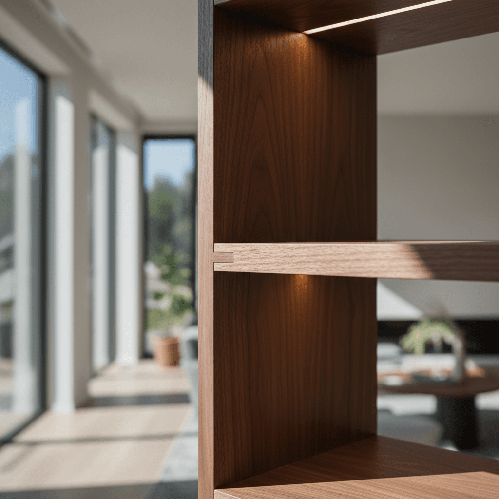 Custom shelving installation showing precision woodwork and joinery details
