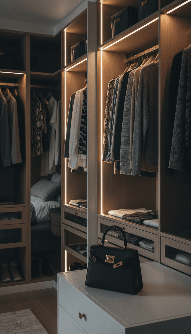 Custom walk-in closet with built-in storage and professional lighting
