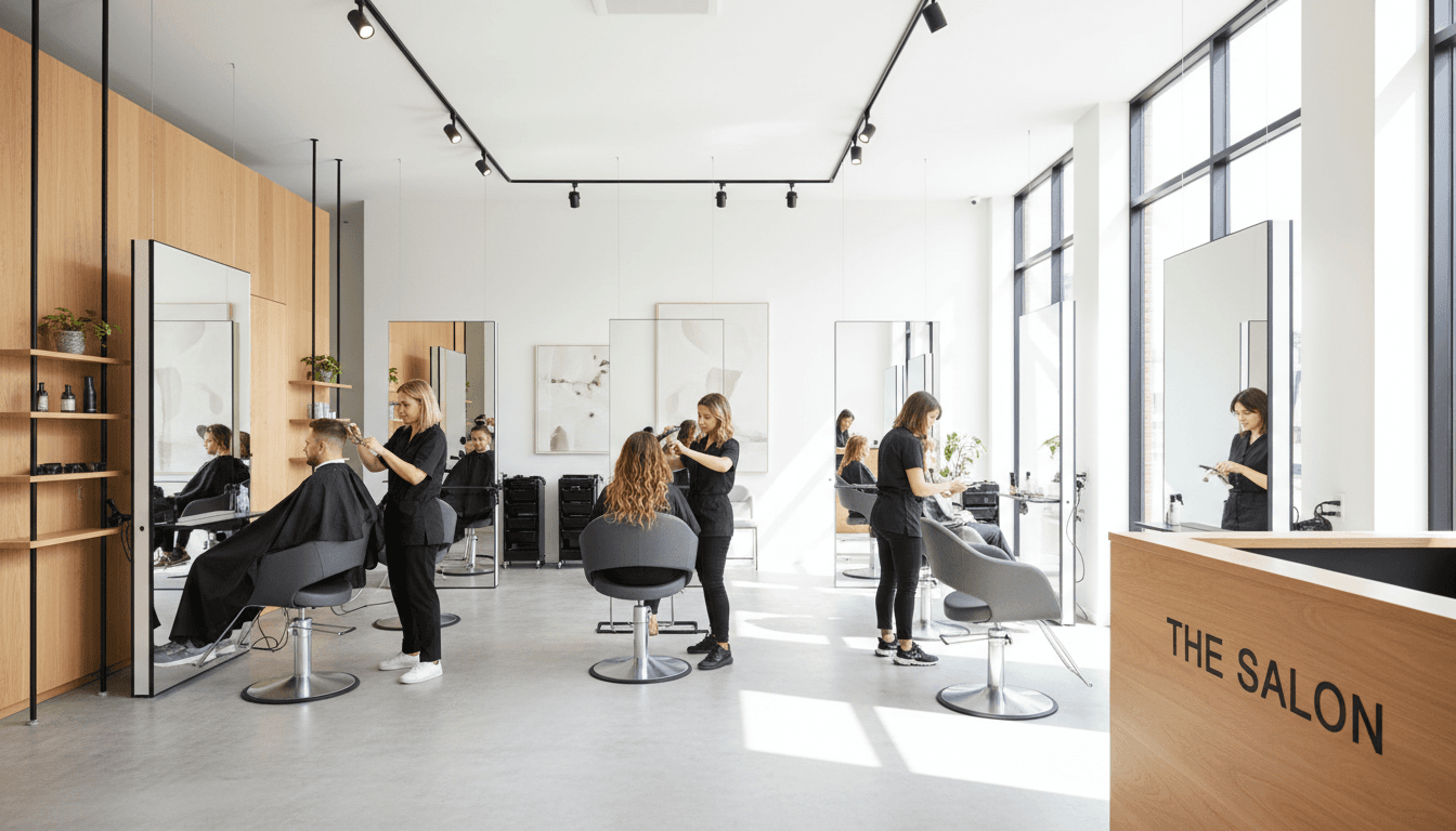 Custom salon styling station with integrated mirrors and built-in cabinetry
