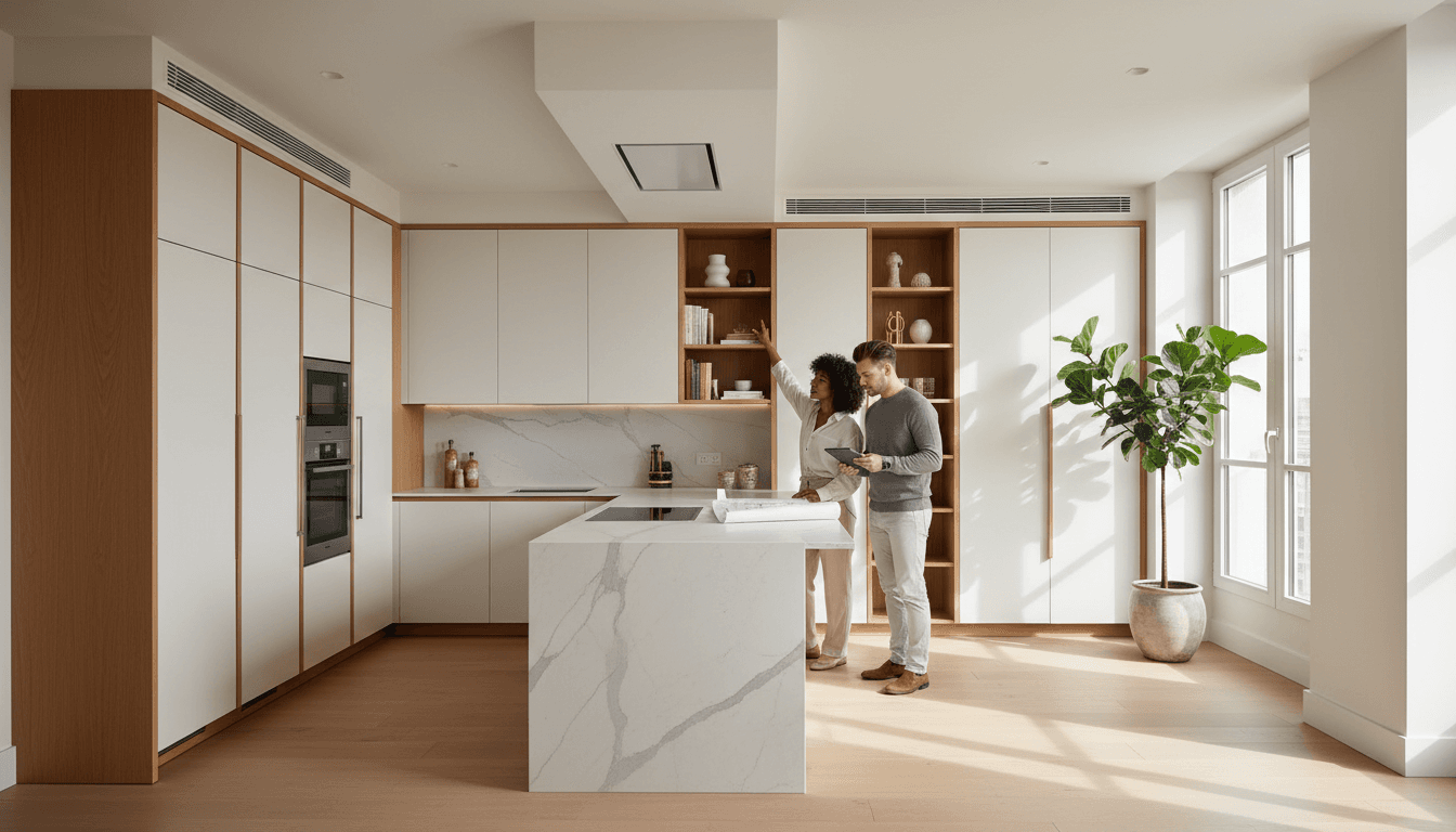 Modern fitted wardrobes in white with homeowner in open-plan living space