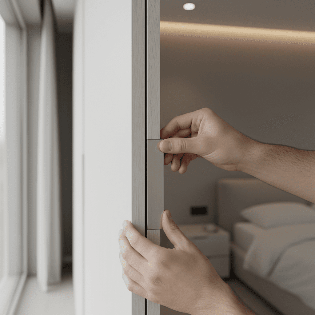 Built-in wardrobe installation showcasing precision joinery and custom organizational design