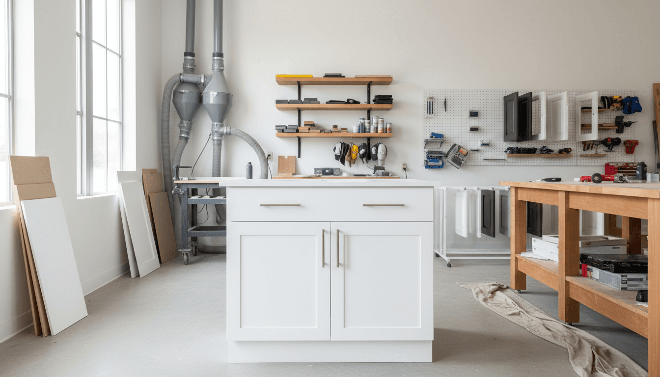 Assembled kitchen cabinetry components ready for installation