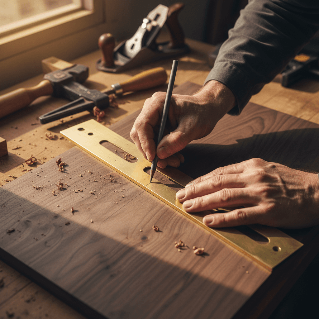 Master carpenter measuring and marking wood with precision