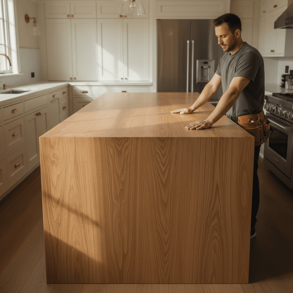 Completed custom designer kitchen with premium cabinetry and countertops