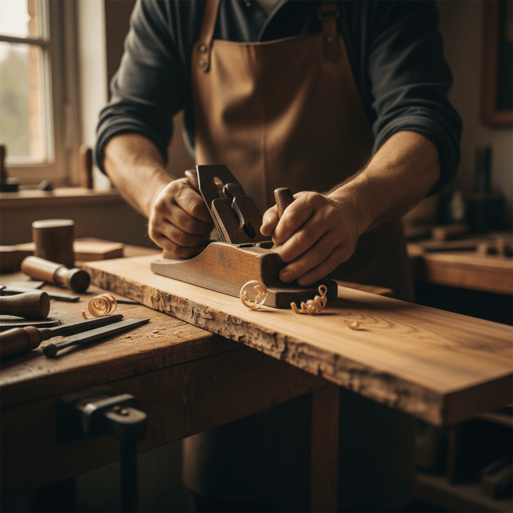 Router table with detailed joinery and decorative carving work