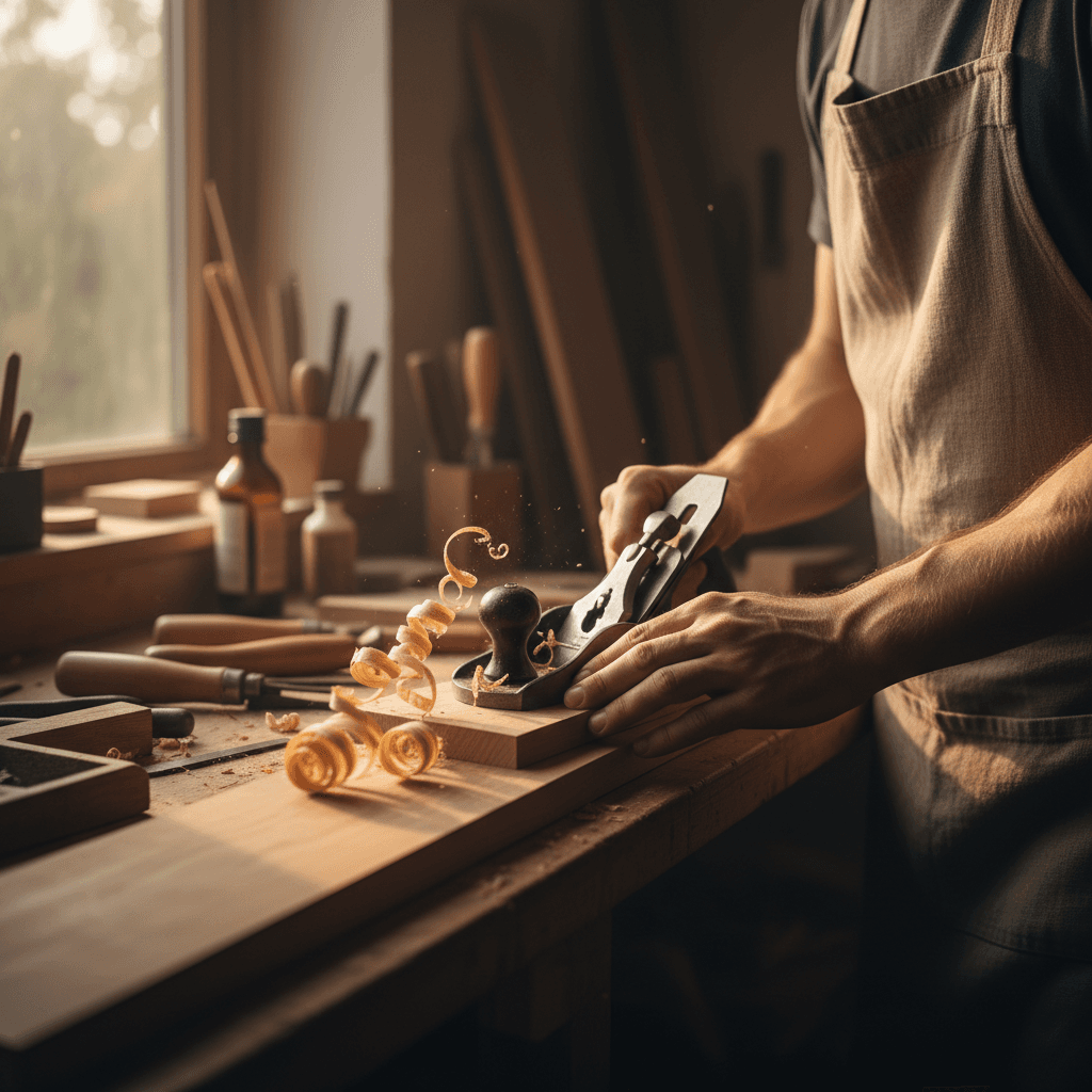 Master carpenter working on custom wooden wardrobe in bright Chatsworth workshop